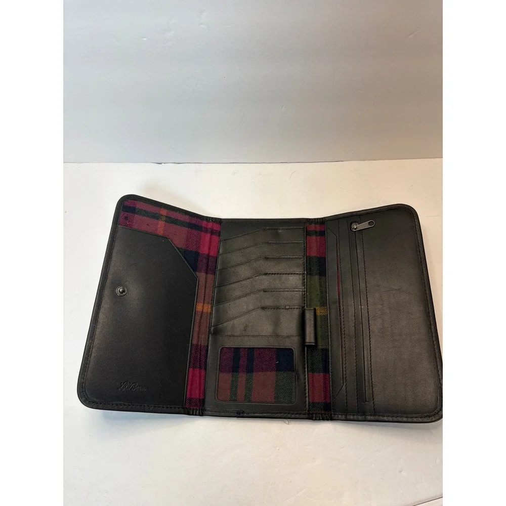 Vintage LL Bean Black Leather Trifold‎ Checkbook Wallet Plaid Lining Mens Womens